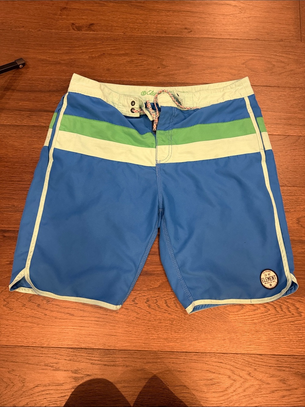 Element Blue Swim Shorts with Green & White Waist Stripes Size 38